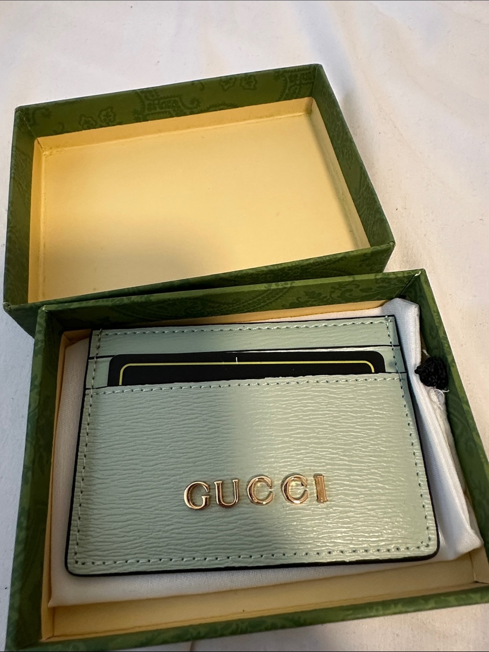 Mint Green Leather Card Holder with Gold Logo